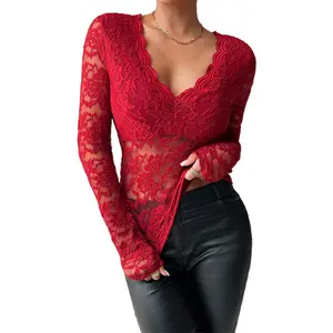 Women's Sheer Lace Tops Long Sleeve Deep V-NeckFit Blouse Streetwear for Spring Summer