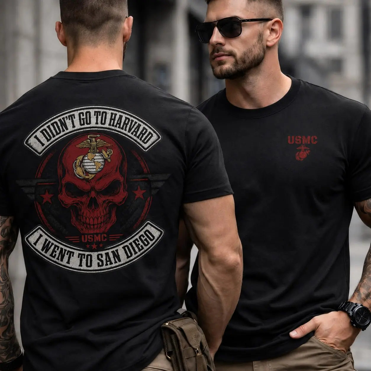 USMC I Didn’t Go to Harvard Shirt, I Went to San Diego Marine Corps Graphic Tee, Front and Back Skull Military T-Shirt, Veteran Gift for Men