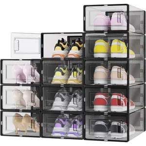 Shoe Boxes Clear Plastic Stackable, 12 Pack Large Shoe Storage Box with Front Opening Lids, Shoe Container Boxes for Closet Bedroom Bathroom, 13.1 x 9 x 5.5 Inches, Clear