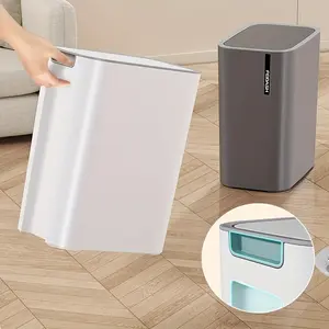 A225 3.17 Gallon Press Lid Trash Can, Manual One-touch Rectangular Plastic Compact Waste Bin, No Electricity Needed Multipurpose Garbage Container for Living Room Kitchen Bathroom Office Home Work Multi Scenes