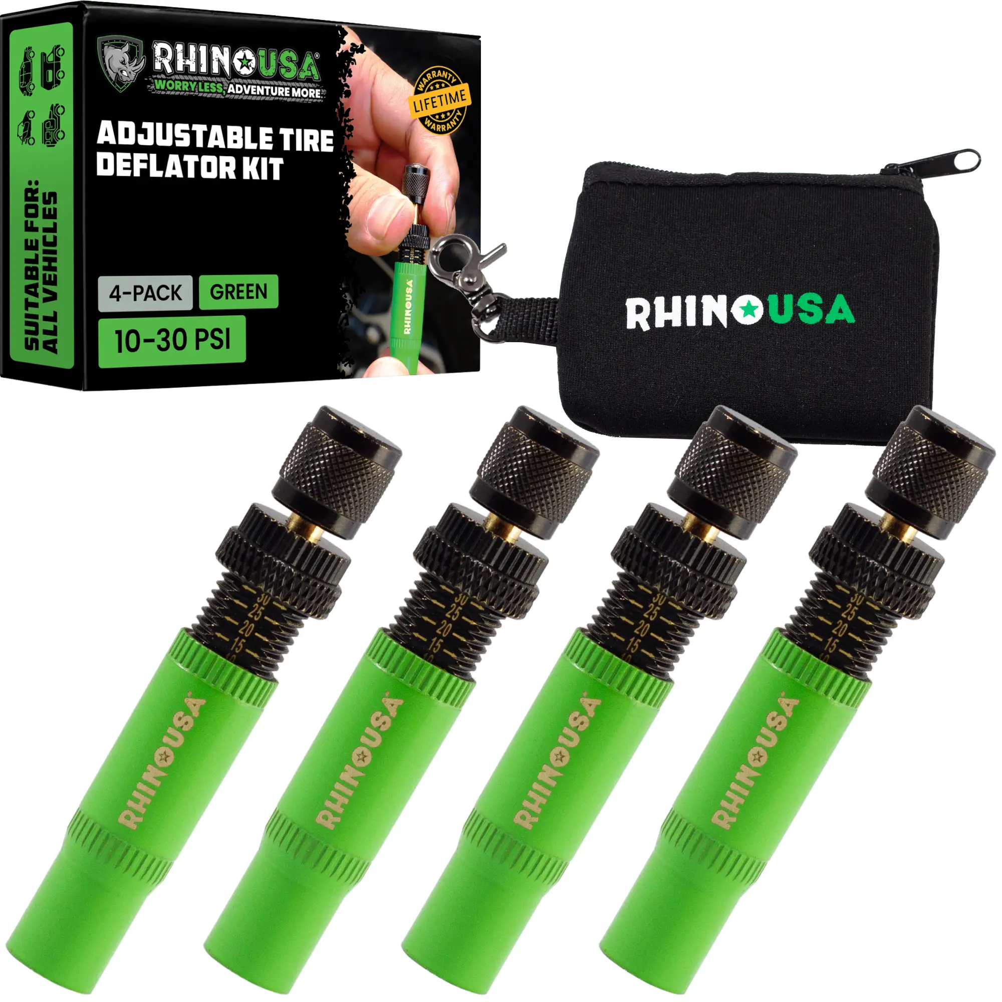 Rhino USA Adjustable Tire Deflator Kit (10-30 PSI) Ultimate Screw-on Automatic Tire Deflators, Quick & Easy Air Down System for The Trails (4Pack)
