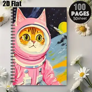 1 Spiral Coil Notebook 5.7x8.26 inch, Astronaut Cat Design, Durable Binding, Perfect for Space Lovers Journal, Travel Notes, School Supplies, Christmas Birthday Gift for Kids Teens [2D] Flat