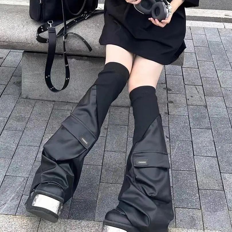 Designer PU Leather Patchwork Leg Warmers Gothic Baddie Micro Flare Slimming Stackable Knee High Socks Trendy Long Length Style