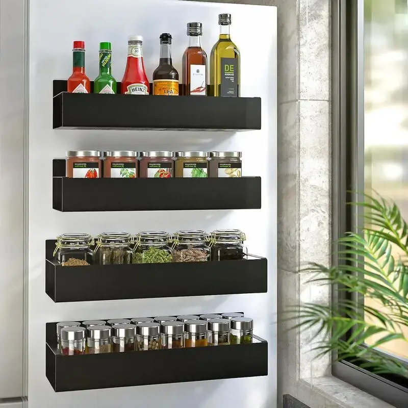 Set of 4 Magnetic Spice Racks with Hooks – Rustproof Metal Storage for Kitchen, Pantry & Fridge | Easy Magnetic Organization for Herbs, Spices & Drinks Storage for Kitchen mothersdaygift ,Fridge  Shelf#Independence Day