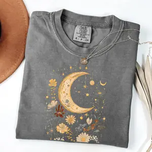 Comfort Colors Vintage Moon & Wildflower TShirt Cottagecore Graphic Tee, Botanical Gift, Garden Lover Aesthetic, Oversized Sun-Moon T-Shirt