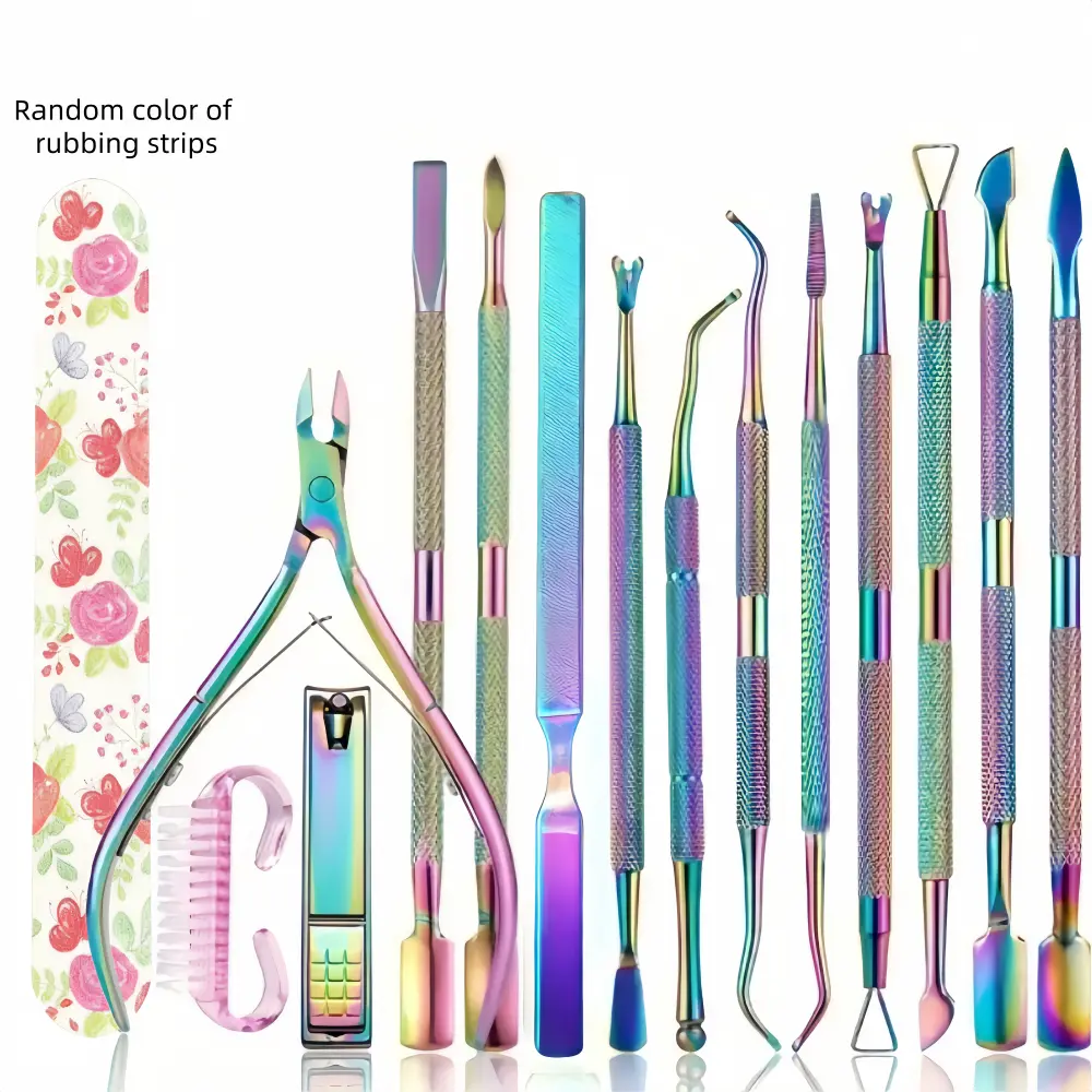 15Pcs/set Stainless Steel Nail Cuticle Scissors Set with Dead Skin Pusher Trimmer Manicure Pedicure Tools Nail File - Colorful Titanium Coated