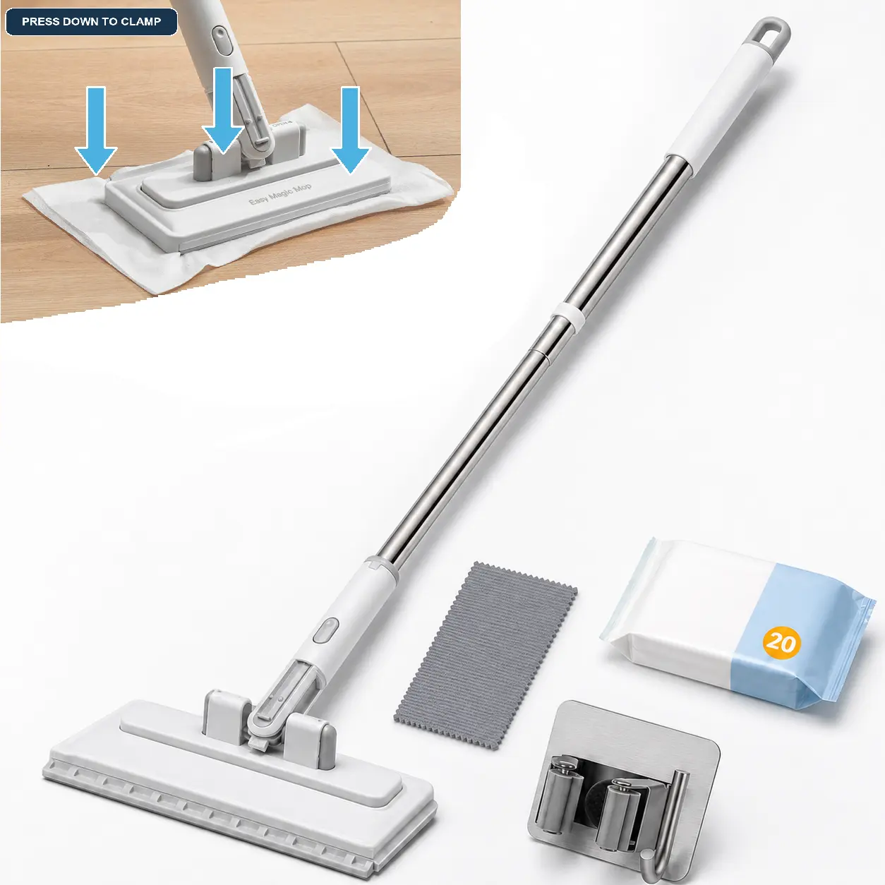 Large Clip-On Flat Mop Cleaning Set with Push-Button Cloth Release, Reusable Mop Cloth, 20 Dry/Damp Dusting Sheets and Self-Adhesive Stainless Steel Holder for Floor and Ceiling Cleaning, Dust and Pet Hair Pickup