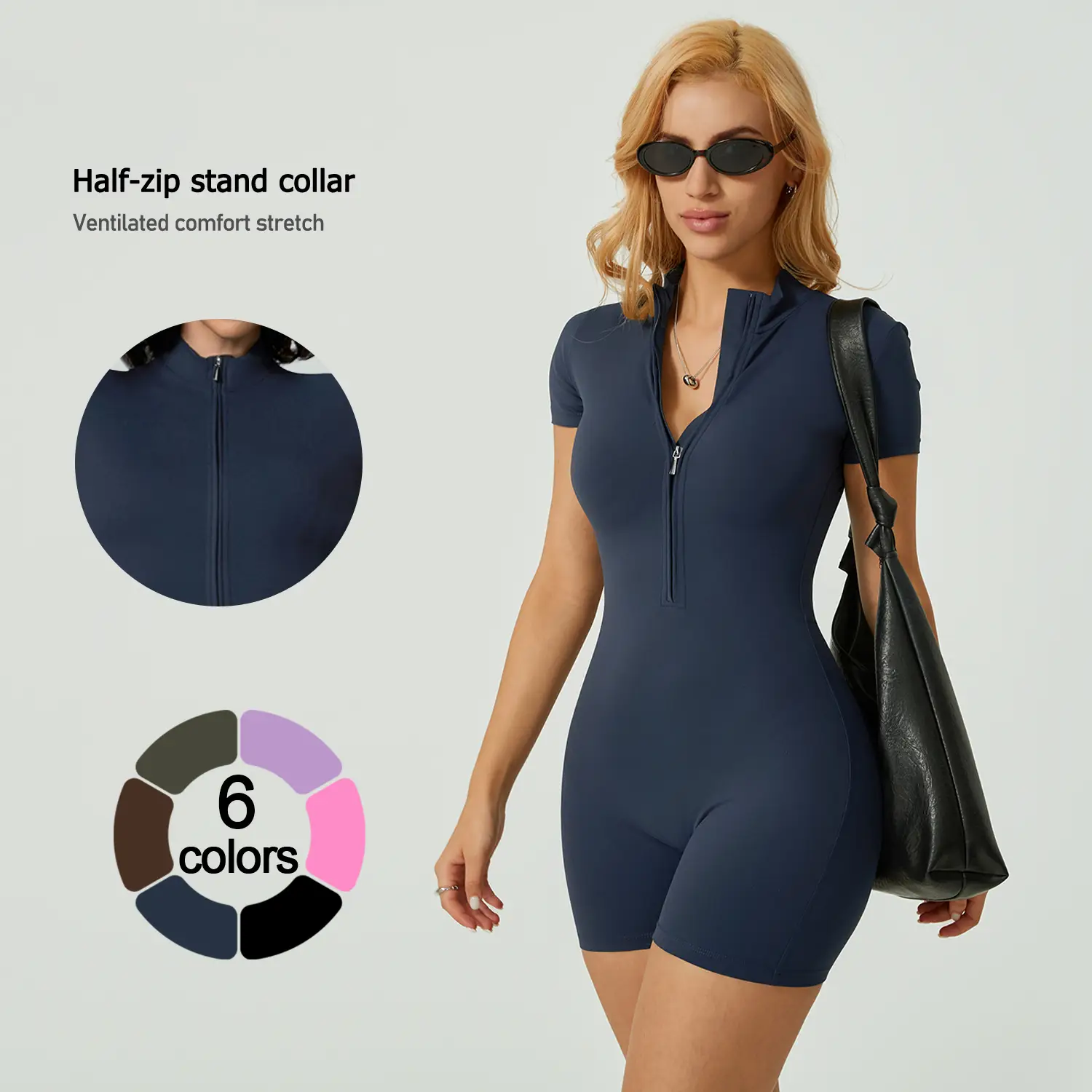 TimeOFF Women's Solid Zipper Mock Neck Sports Romper, Summer Clothes Women, Casual Sporty Activewear One-piece Sports Romper for Yoga Gym Workout Run