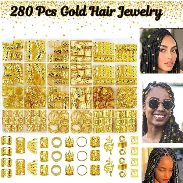 Unisex 280 Pcs Gold Versatile Hair Accessory Set - Metal Pieces, Braid Rings, Dreads Cuffs, Clips, Beads for Bohemian Hair Daily Wear Bold Accents, Sturdy Styling Hold