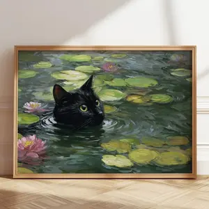 Monet Waterlily Cat Print, Claude Monet Cat Poster, Black Cat Art, Floral Print, Funny Cat print, Water Lilies by Claude Monet Poste | Unframed X