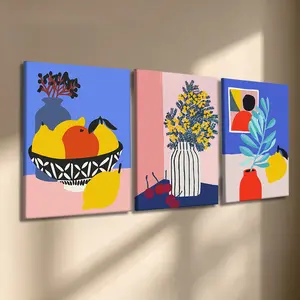 3 Pcs/Set Wooden-Framed Canvas Painting, Matisse Inspired Fruit & Floral Triptych Canvas Wall Art, Bold Color Print for Living Room, Bedroom, Office Decoration, Modern Home Decor, Fashion Artistic Ornaments, Artwork