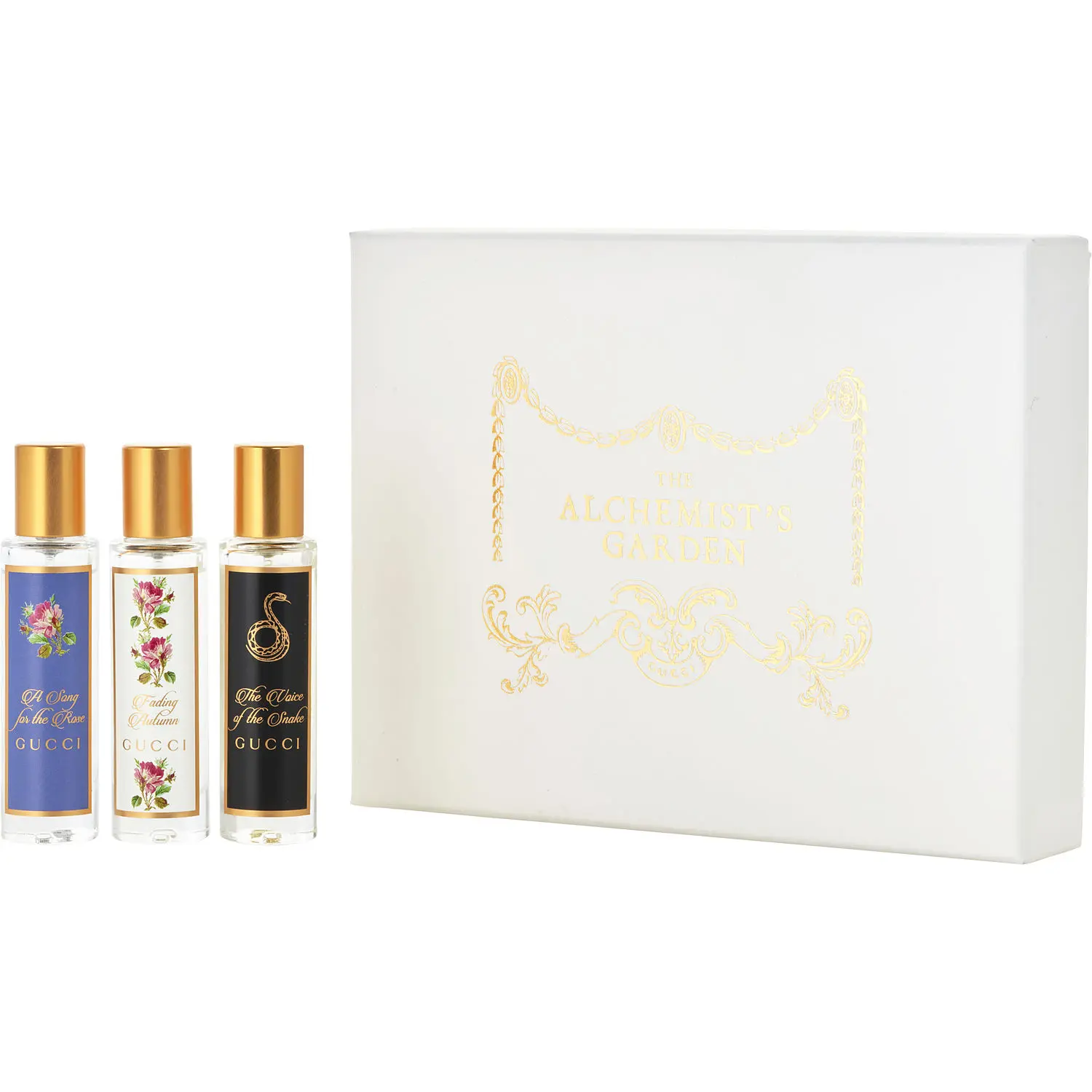 Gucci Variety Set- 3 Piece Variety The Alchemist's Garden Festive Set With A Song For The Rose Edp & The Voice Of The Snake Edp & Acqua Profumata Fading Autumn Edt And All Are Travel Spray 0.5 Oz Minis For Unisex