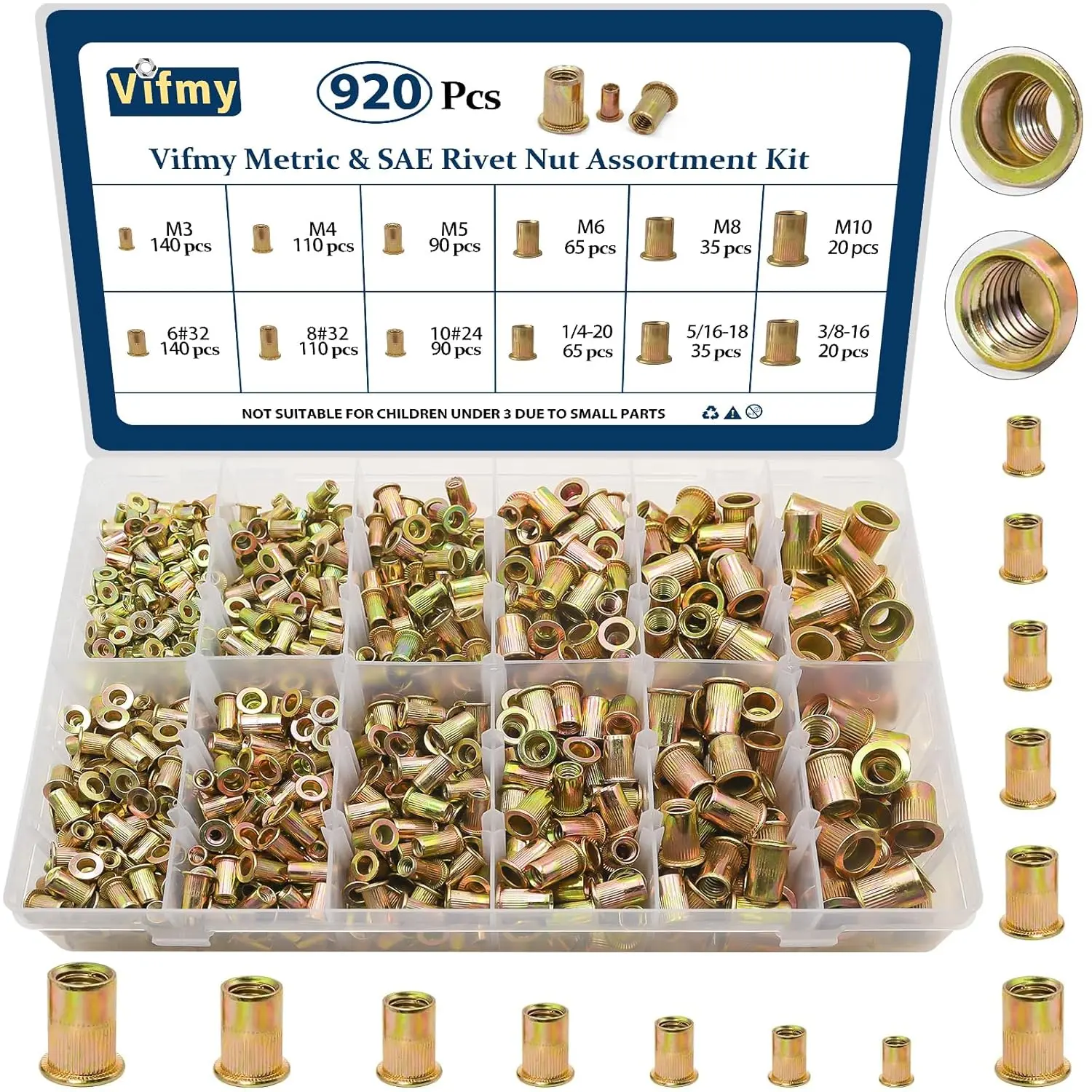 920PCS Metric & SAE Rivet Nut Assortment Kit, Rivnut & Nutsert Set, Zinc-Plated Steel