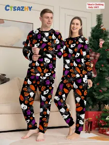 Men's Halloween Pumpkin Ghost Print Long Sleeve Shirt Casual Pants Set, Soft Holiday Pajama Sleepwear, Fitted Cartoon Style, Fall & Winter