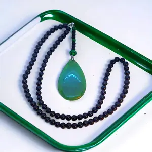 Men's green moss agate black beaded necklace