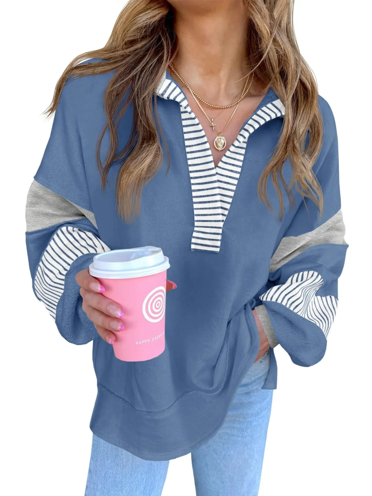 Fisoew Womens Color Block Oversized Sweatshirt V Neck Long Sleeve Casual Loose Pullover Tops Hoodie Womenswear hoodies women parke mockneck sweatshirt essential hoodies sweatshirts,back to school,back to school shopping