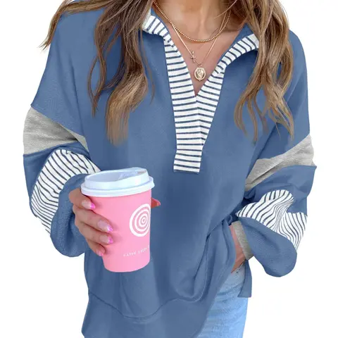 FISOEW Women's Sweatshirt Color Block V Neck Loose Fit, Casual Everyday Soft Cotton Blend Breathable, Oversized Long Sleeve Striped Side Split Pullover for All Seasons