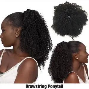 Megeen Hair Afro Kinky Curly Drawstring Ponytail Human Hair Extensions 12A Remy Mogolian Kinky Curly Hair Pieces Clip in Drawstring For African Women With Daily Wear