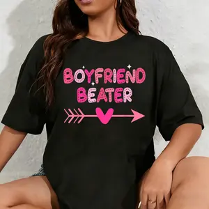 Women's 100% Cotton Unisex Boyfriend Beater Tee - Round Neck, Funny Design Fabric T-Shirt, Beach Outdoor Top
