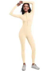 Women's Solid Zip Up Long Sleeve Sports Jumpsuit, Casual Comfy Breathable Jumpsuit for Yoga Gym Workout, Gym Clothing, Ladies Sportswear for All Seasons, Gym Workout Clothes