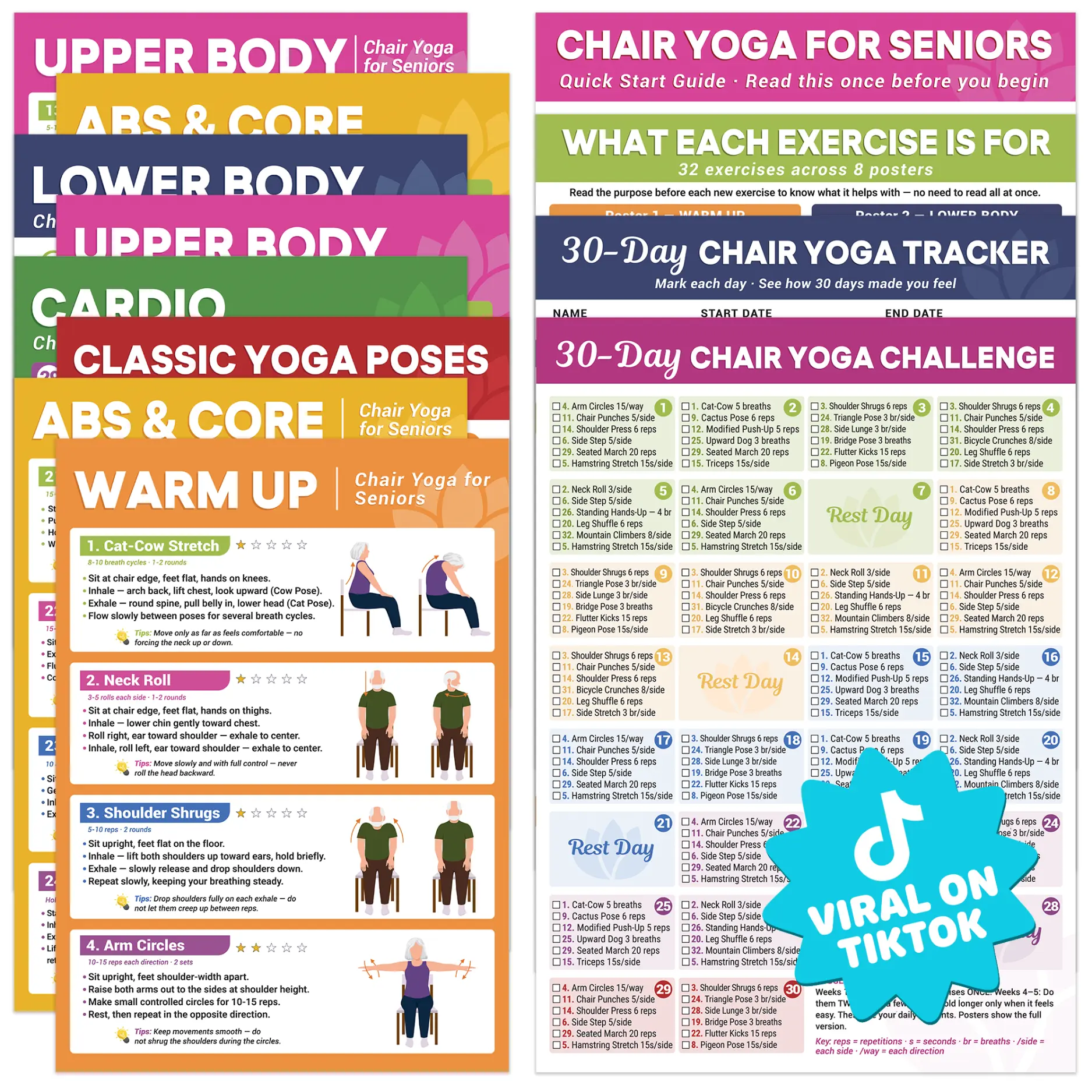Releasing Price - Chair Yoga for Seniors Over 60 Chart, Set of 10 Laminated Chair Yoga Posters Posters | Full 30 Day Workout Challenge & Daily Progress Tracker, 32 Poses Of All Level With Instruction & Tips For Mobility & Balance