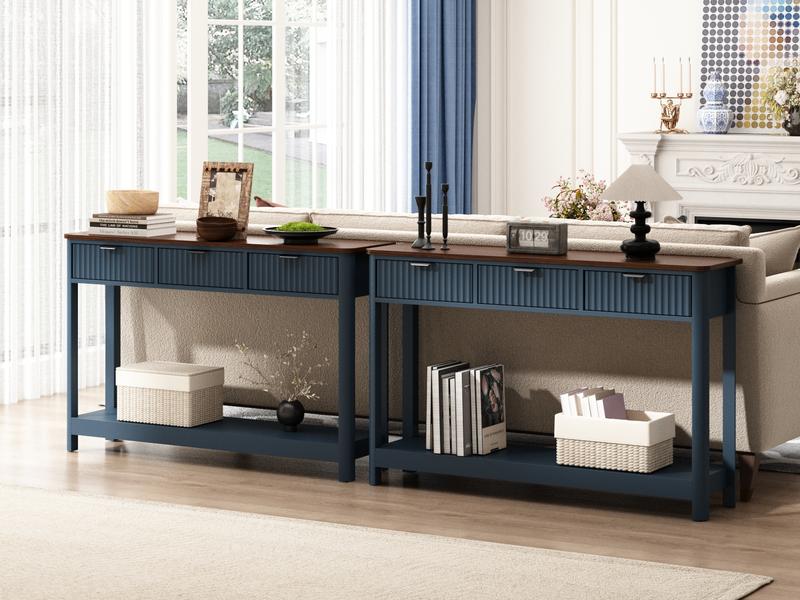 PieDle Furniture Fluted Console Table with Drawers, Modern 47.1" Entryway Table with Storage Shelf, Boho Narrow Skinny Behind Couch Wood Sofa Table for Living Room Hallway Entrance Foyer