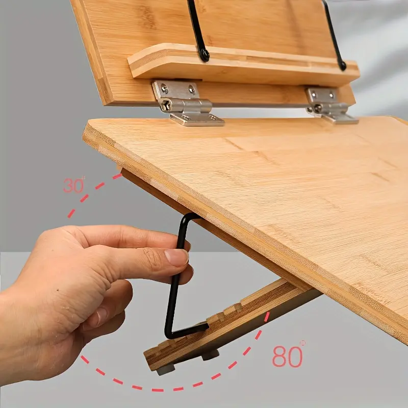 Adjustable Bamboo Reading Stand - Double layered, foldable and detachable, suitable for books, tablets, and sheet music - Smooth surface, perfect for desk, kitchen, or outdoor use