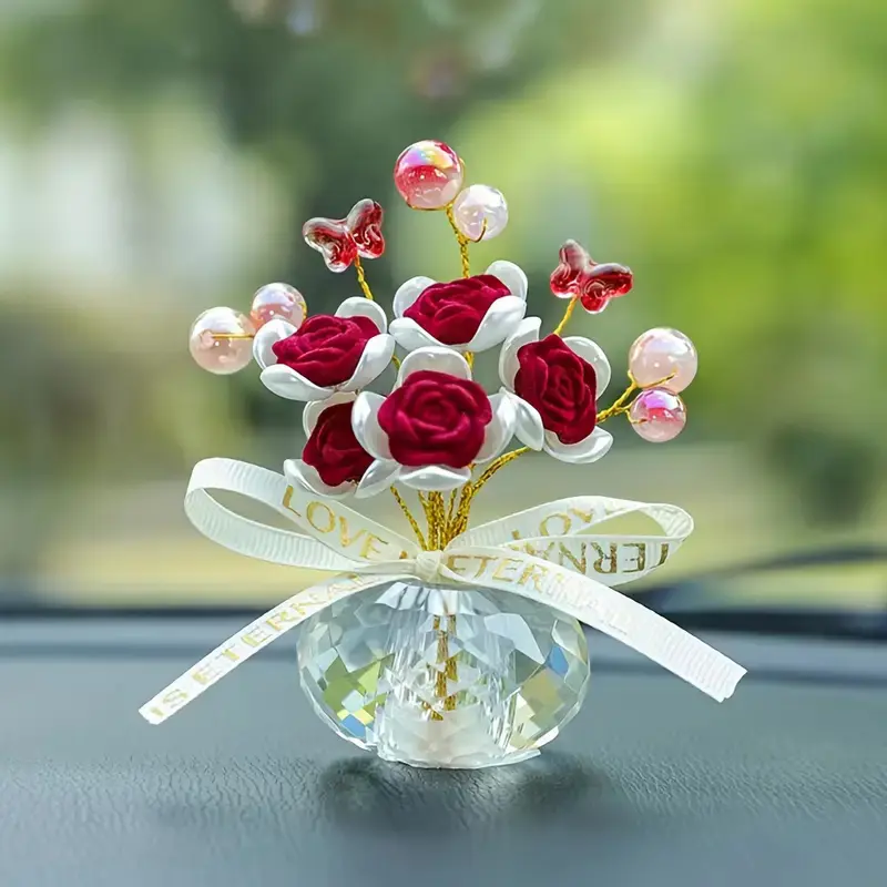 Crystal Rose Ornaments – Artificial Flowers Car Accessories, Girly Decor for Room & House, Eternal Rose Bouquet, Romantic Gift for Valentine's, Birthday & Wedding, Durable Sparkling Crystal Design, Perfect Dashboard Decor & Home Accent Piece
