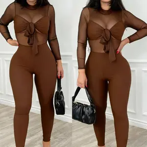 SHAPESHE Women's Jumpsuit with Long Sleeve Bow Mesh See-through Bodysuit for Outing