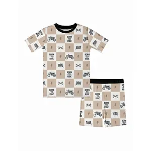 VISIKIDS Kids Bamboo Viscose Dirt Bike Checker Print Short Sleeve 2-Piece Pajama Set, Boys "Born to Ride" Sleepwear Set 2-7Y, Beige