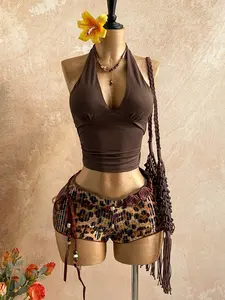 2 Piece Spring Summer Leopard Sequin Outfit Set Women | Halter Deep V Backless Crop Top + High Waist Bodycon Shorts | Y2K Boho Glam Style for Festival Vacation Beach Night Out Wear