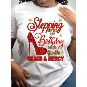 Plus Size Casual Crew Neck T Shirt Featuring Stepping Into My Birthday Graphic Print Crafted From Smooth Polyester With Medium Stretch Versatile All Season Wear Machine Washable Oversized Fit