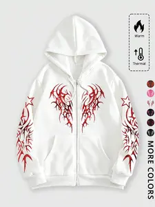 Gothic Rune Print Hooded Zipper Cardigan Sweatshirt, Drop Shoulder Hoodie, Gothic Rock Hoodie, Gothic Style Hoodie, Unisex Streetwear Fall & Winter, Y2K Trendy Fashion, Men's Gift, Sports Gym Outdoor School