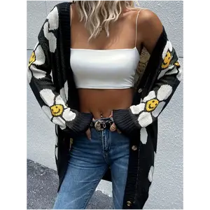 Floral Button Open Knit Cardigan, Casual Long Sleeve Midi Sweater, Women's cardigan sweater cardigan cardigan sweater,Knitwear Womenswear