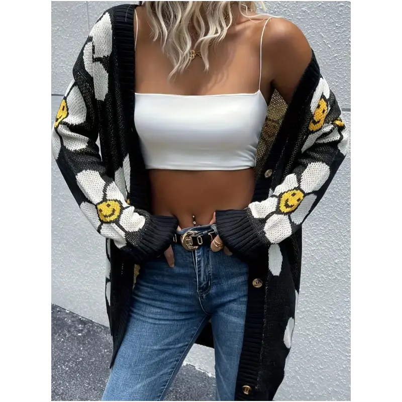 Floral Button Open Knit Cardigan, Casual Long Sleeve Midi Sweater, Women's cardigan sweater cardigan cardigan sweater,Knitwear Womenswear
