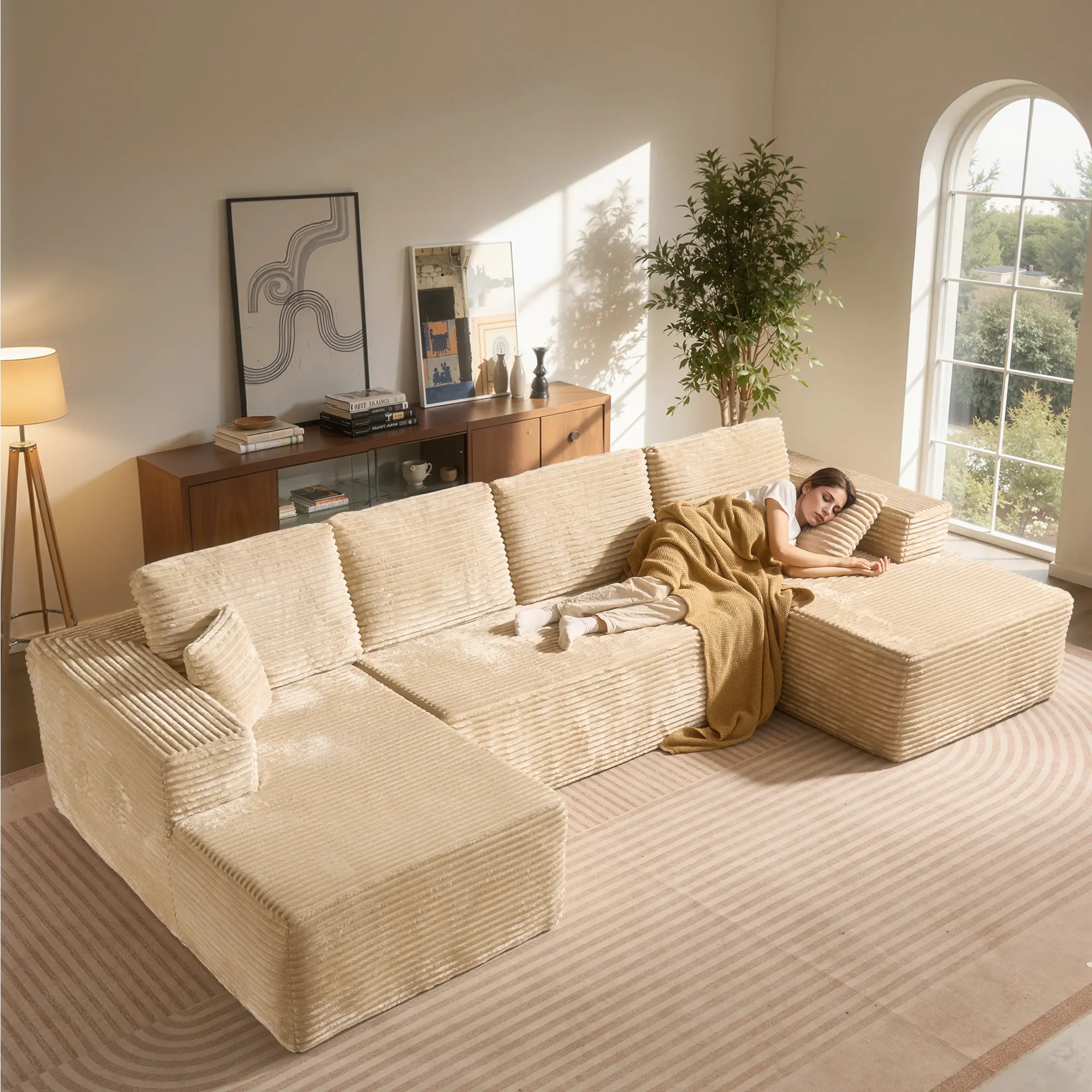 Beige U Shaped with Upgraded Back Cushion,2*Chaise