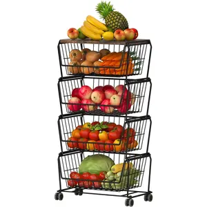 NEW 4-Tier Stackable Metal Wire Baskets with Wheels, Fruit Vegetable Baskets with Wood Top, Free Standing Storage Carts, Storage Rack for Kitchen Cabinets, Pantry, Bathroom, Bedroom, Living Room