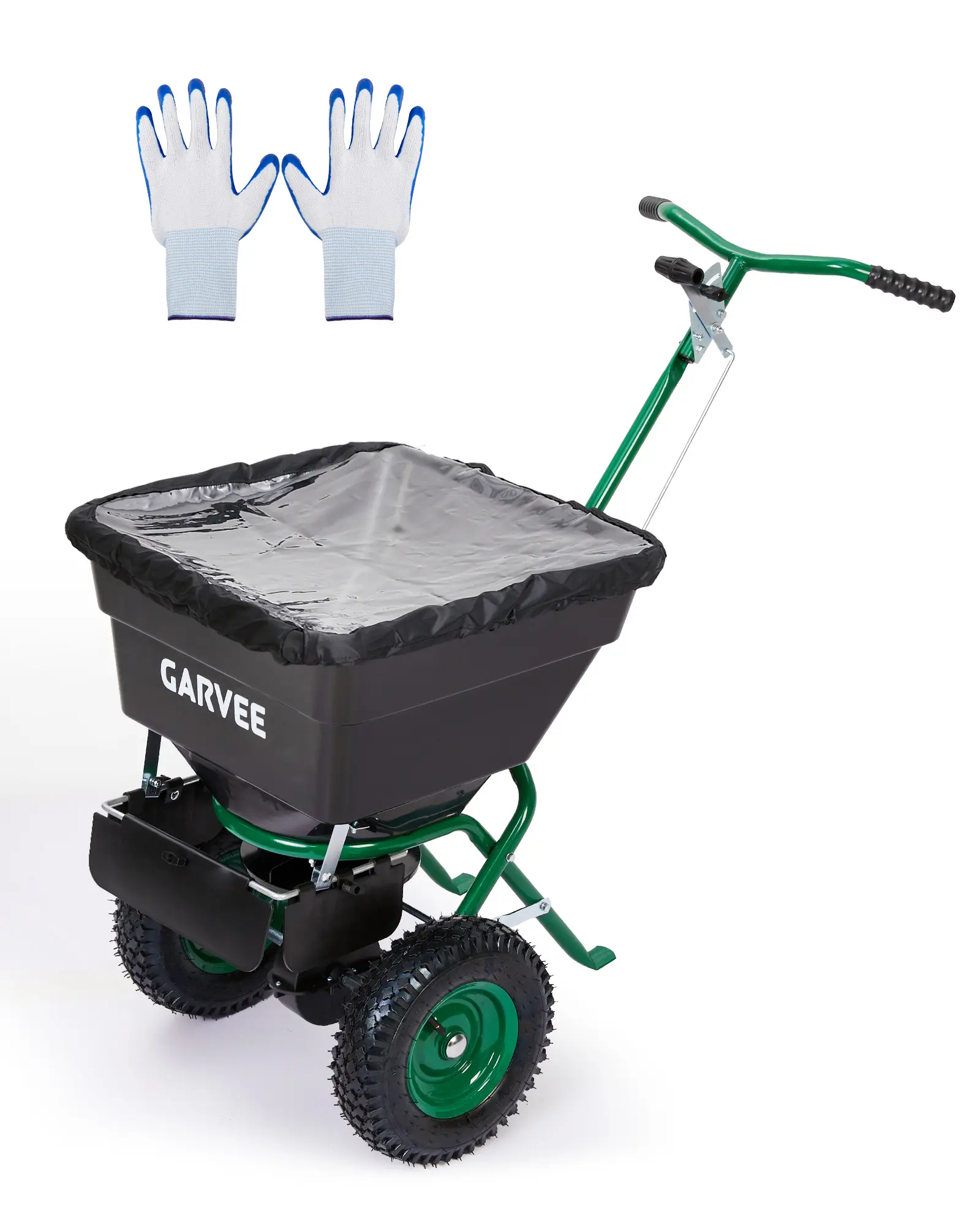 Garvee Versatile Lawn Broadcast Spreader | 80/100LB Large Capacity Adjustable Drop Rate with 10" Air Wheels, Rain Cover & Gloves