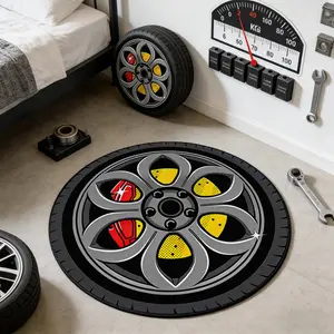 Cartoon Wheel HUB Pattern Rug, Round Creative Plum Blossom Design, Soft Non-Slip Carpet, Room Decoration Gift