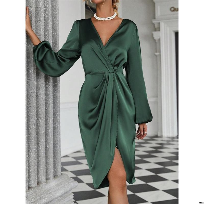 Dress satin hem body sleeve wrap lantern Clasi SHEIN
