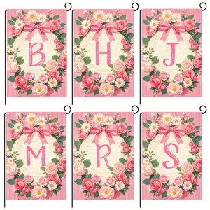 Spring Pink Bow Garden Flag, Initial Name Flag, Spring Flowers and Pink Bow Flag, Courtyard Family Surname Flag, 12x18 inches, suitable for spring, Easter, and holiday outdoor decoration, home and scene decoration, does not include flagpoles