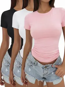 Women's Short Sleeve T-Shirt Set, Casual Slim-Fitting Plain Design, Perfect for Everyday Wear, Pack of 3