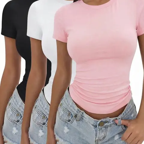 Women's Short Sleeve T-Shirt Set, Casual Slim-Fitting Plain Design, Perfect for Everyday Wear, Pack of 3, Top