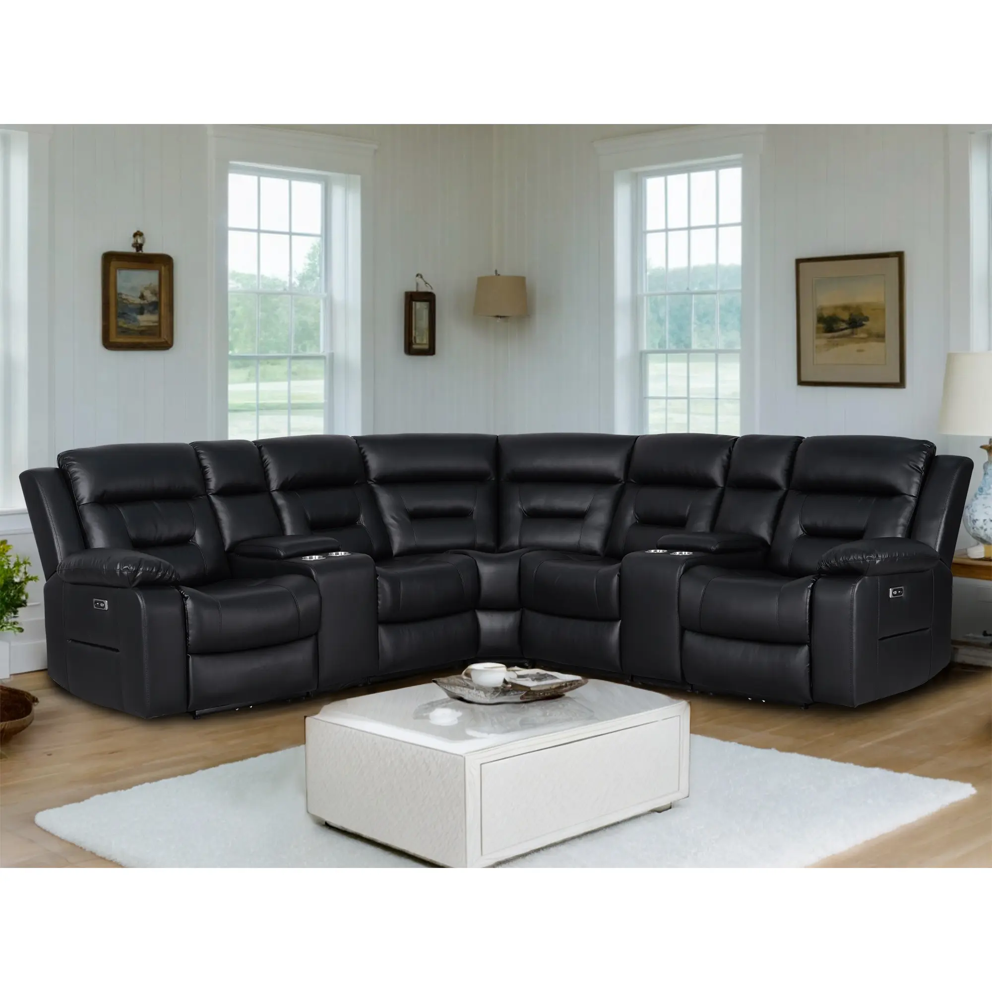 【8 Packages Shipping】5-Seater Faux Leather Reclining Sectional Sofa with Dual Consoles