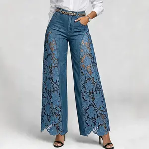 Women's 2026 High-Waisted Wide-Leg Denim Bottoms, Fashionable Versatile Hollow Lace Patchwork Streetwear Pants, Bottom