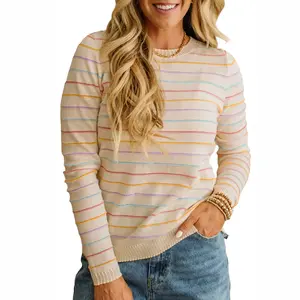 Asvivid Women Autumn Knitwear Striped Long Sleeve Round Neck Sweater Regular Fit Top Soft Knit Pullover Casual Daily Wear Womenswear