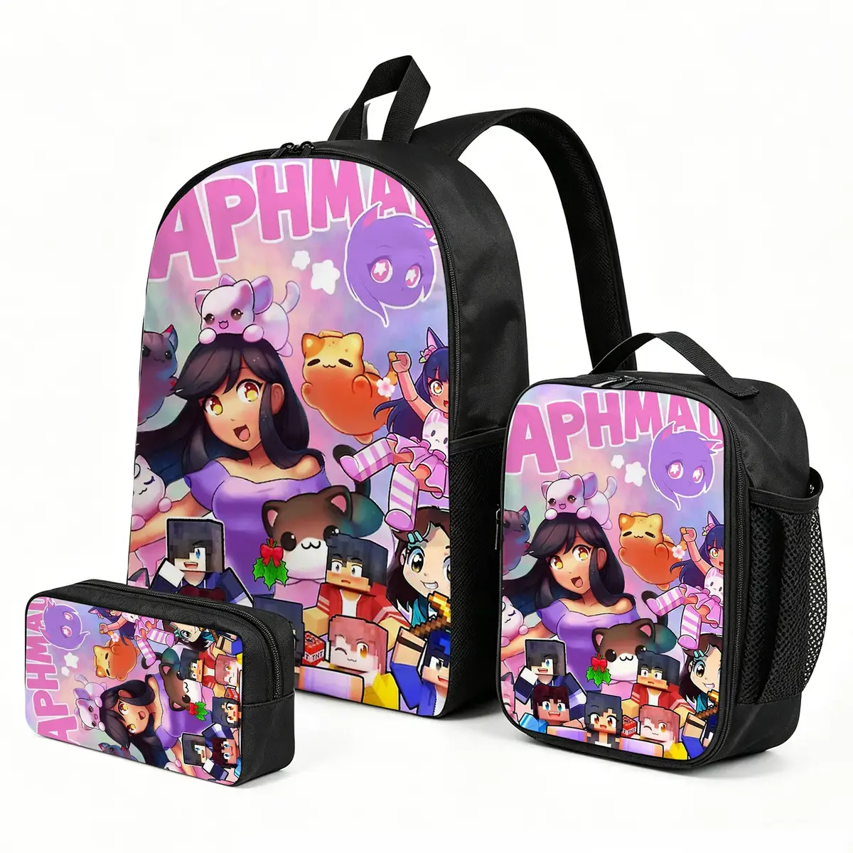 Aphmau 3-Piece Elementary School Backpack Set, Kid-Friendly School Supplies with Thermal Lunch Pouch, Ample Room for Pens Pencil Case, Lunch Box, No Wheels, Shoulder Strap, Thermal Lunch Protection