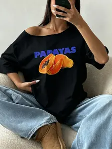PAPAYAS Tropical Papaya Retro White Off-Shoulder Oversized T-Shirt | Casual Summer Fruit Streetwear Top | Premium Cotton Fabric | Vibrant Tropical Aesthetic | Relaxed Oversized Fit | Iconic Papaya & Slogan Print | Versatile Daily Wear | Perfect for Summer