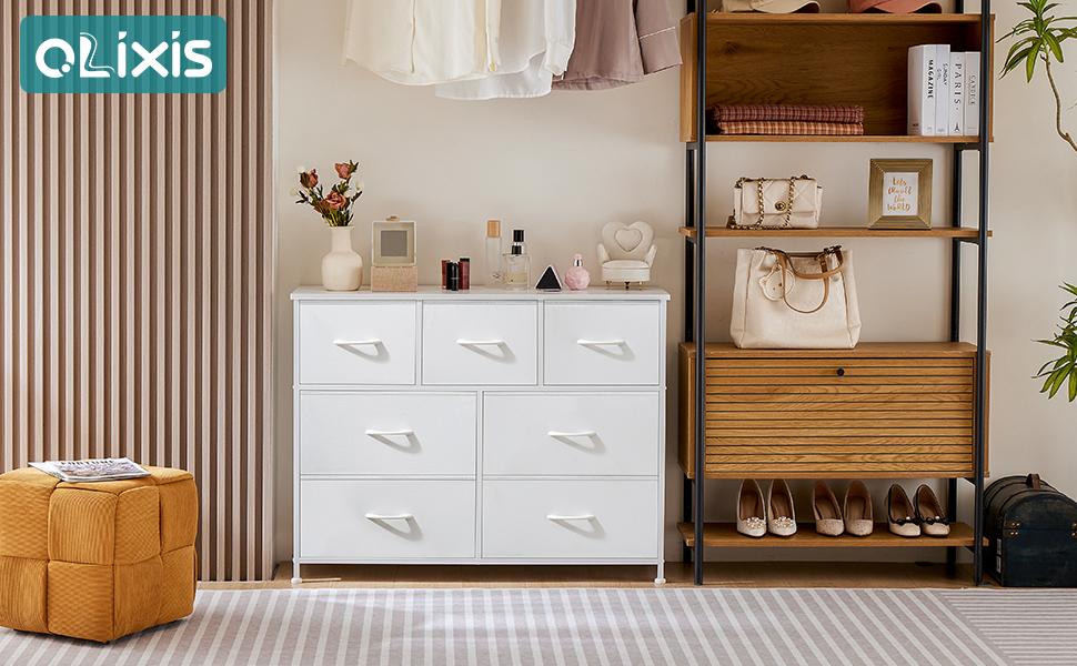 Organizer Storage, Chest Fabric Bins, Long Dresser with Wood Top for Bedroom, Closet, Entryway, 7-Drawers dressers Furniture Organization