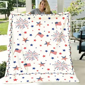 Patriotic Star & Fireworks Cooling Blanket for Couch Bed, Lightweight Plush All Season Nap Blanket, Portable Travel Camping Car Office Throw Blanket, Durable Wrinkle Resistant Printed Blanket, Ideal Daily Use & 4th of July Gift